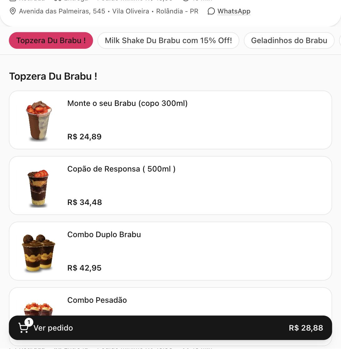 Tela do cardápio digital SOMI mostrando a vitrine de produtos de uma sorveteria, com fotos e preços