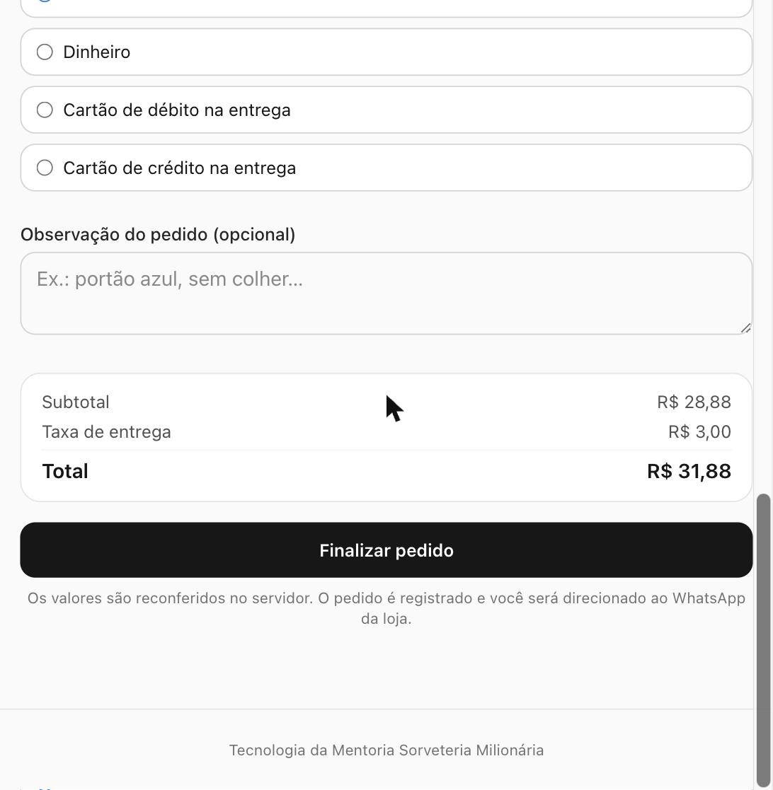 Tela de resumo final do pedido com subtotal, taxa de entrega e valor total