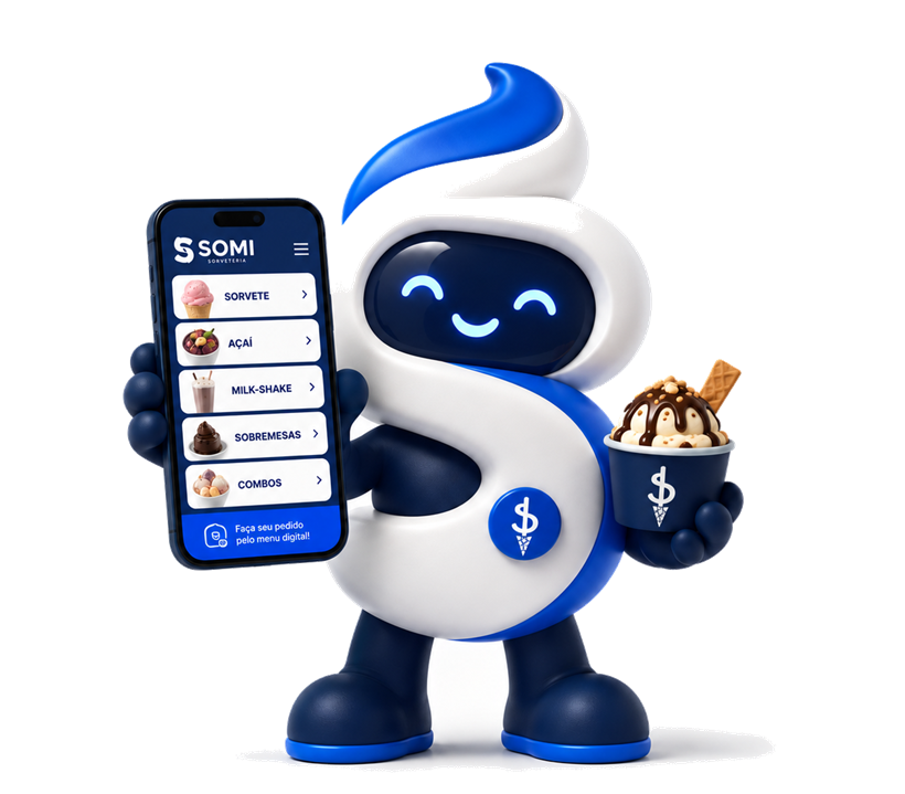 Mascote do SOMI segurando um celular com o cardápio digital aberto e um copo de sorvete